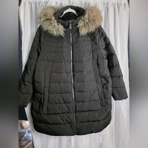 DKNY Black Puffer Jacket with Faux Fur Trim